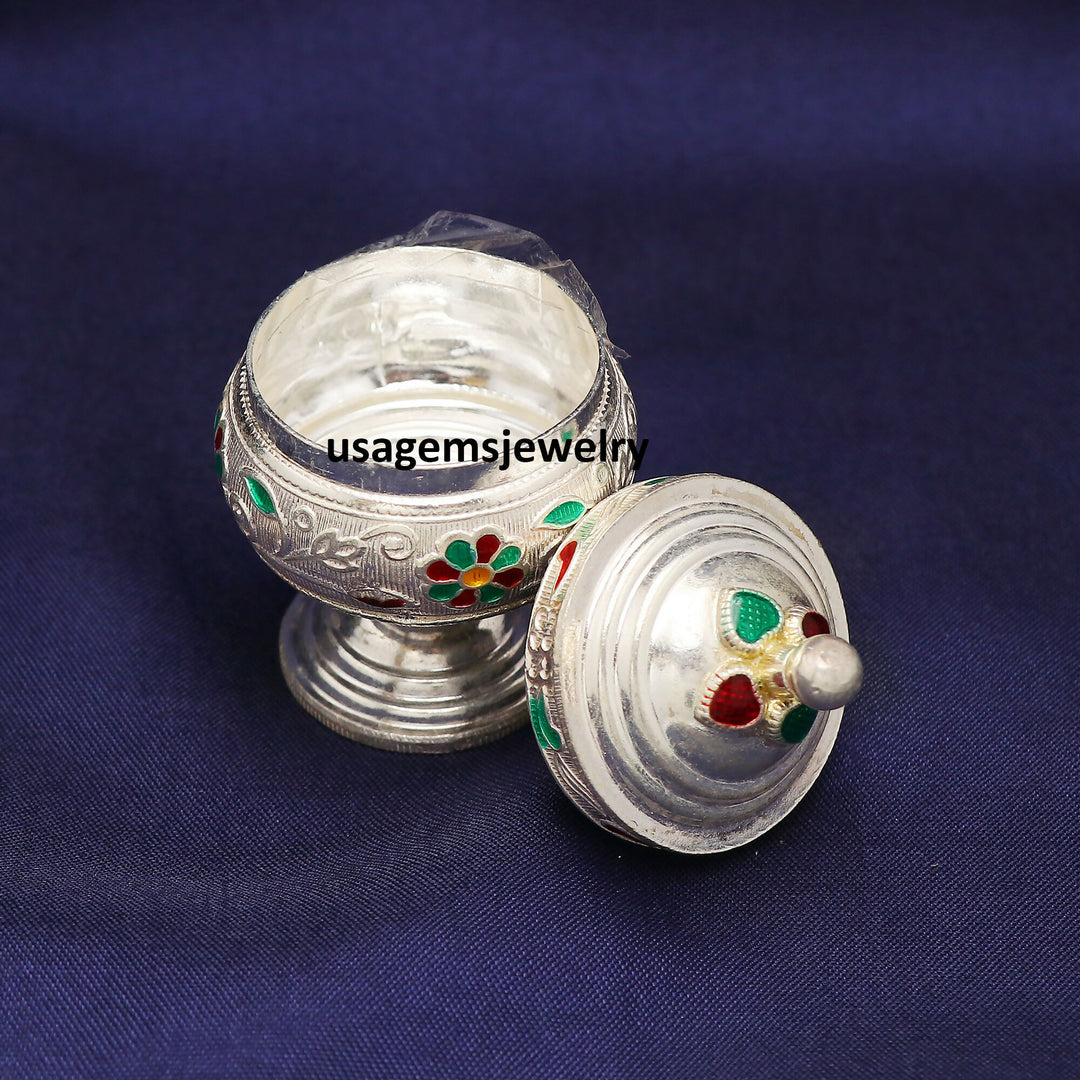 Pure Silver Decorative Floral Enamel Box Handmade Keepsake Sindoor Box 5.8x3.9 cm | Weight 31 Grams BJ1014- on Lucasgift