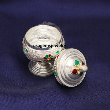 Pure Silver Decorative Floral Enamel Box Handmade Keepsake Sindoor Box 5.8x3.9 cm | Weight 31 Grams BJ1014- on Lucasgift