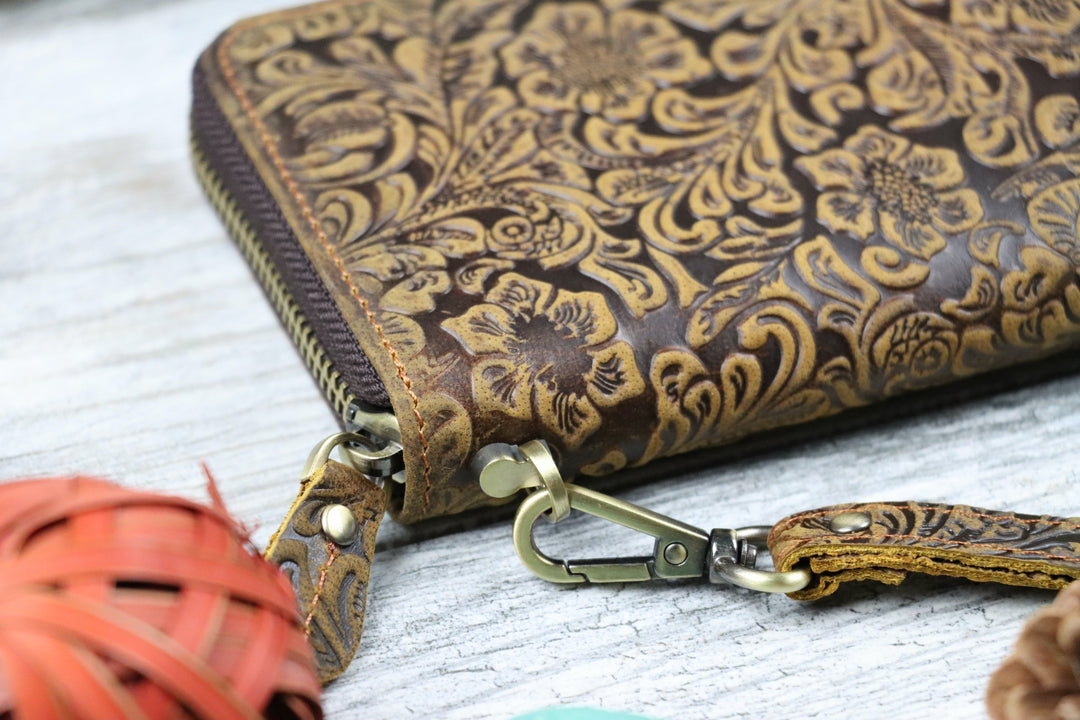 Women's Leather Zip Wallet with Flower Embossing