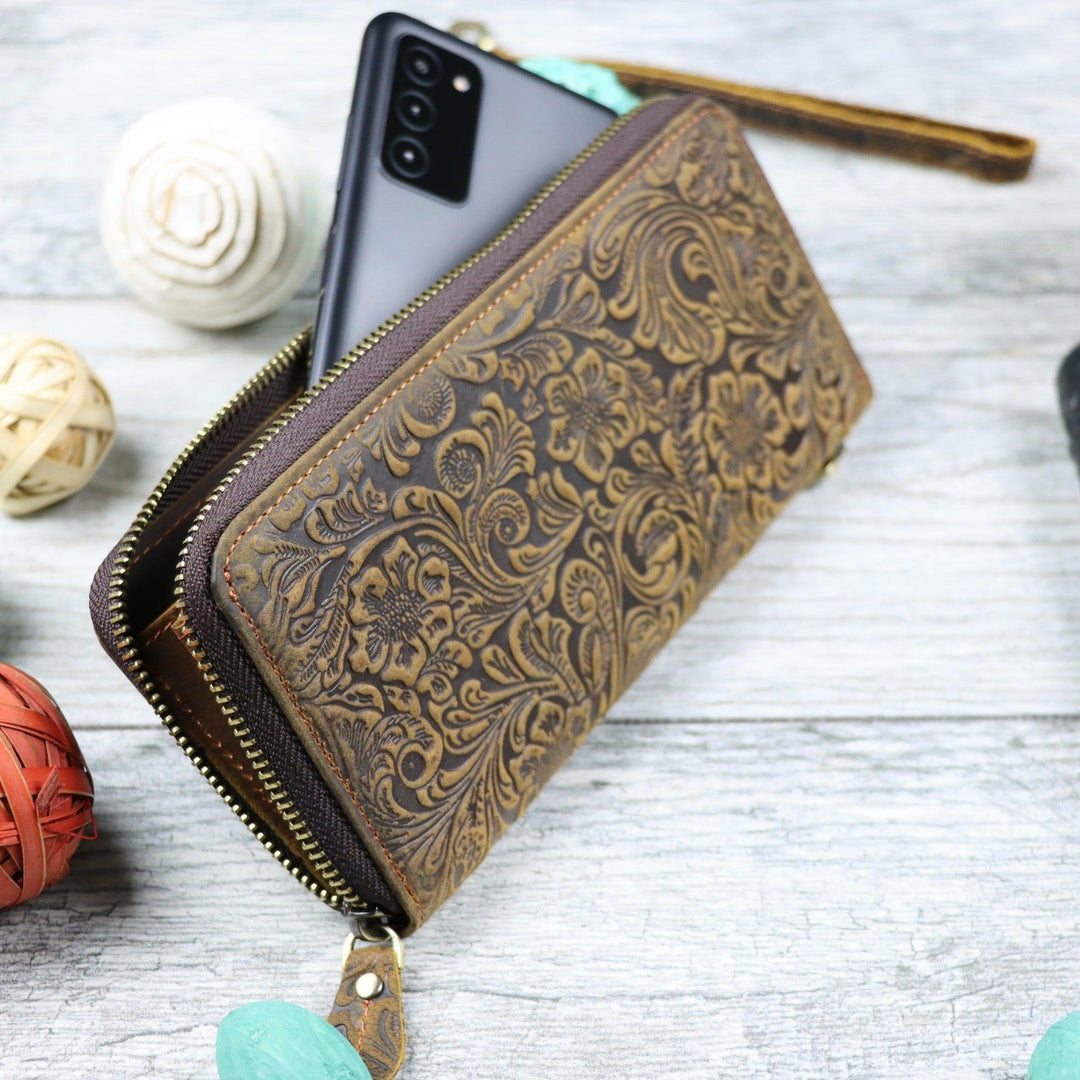 Women's Leather Zip Wallet with Flower Embossing , Real Leather, Same Day Shipping, Free Shipping US-Lucasgift
