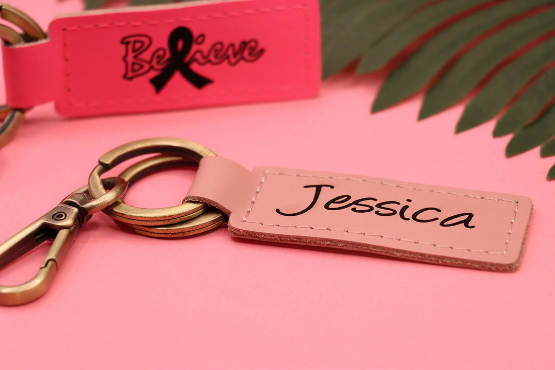 Leather Breast Cancer Pink Ribbon Keychain , Real Leather, Same Day Shipping, Free Shipping US-Lucasgift