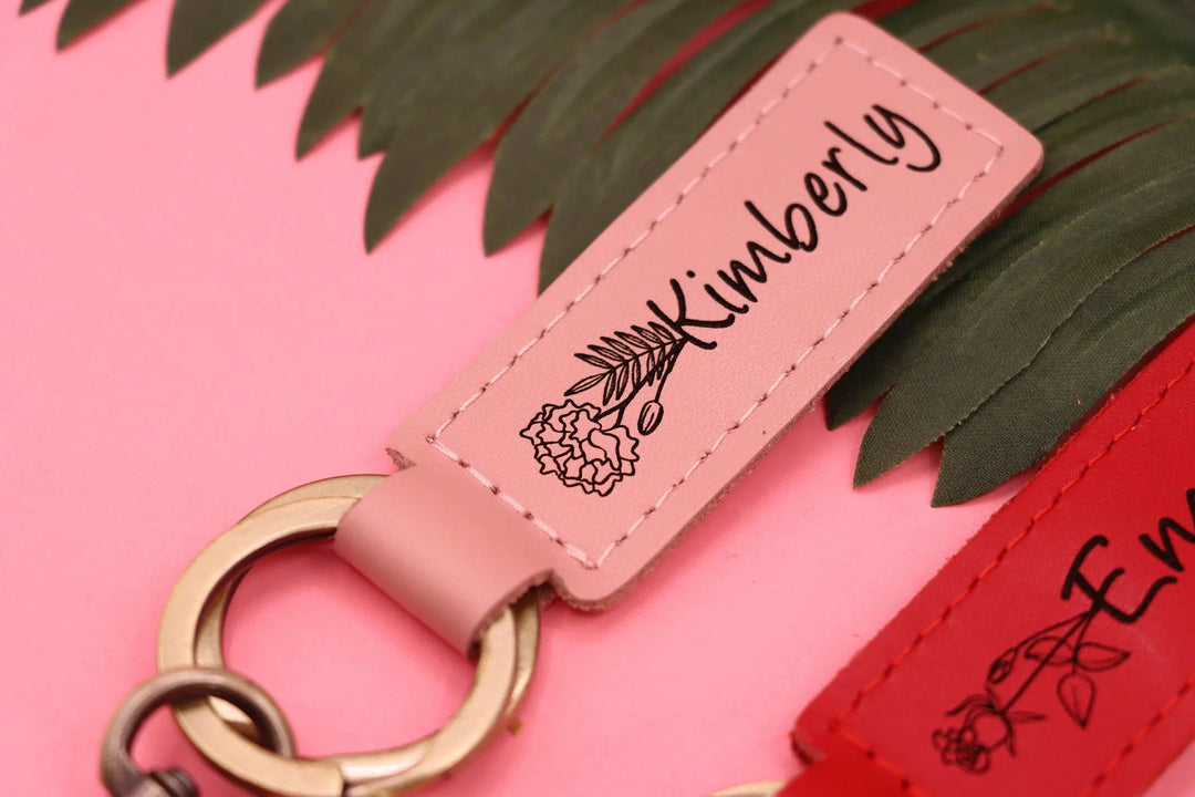 Colorful Birth Month Flower Leather Keychain , Real Leather, Same Day Shipping, Free Shipping US-Lucasgift