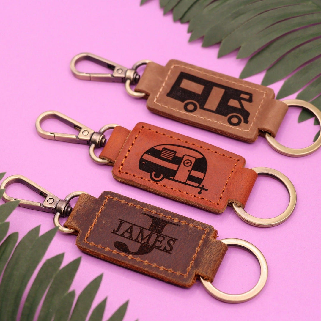 Set of 3 Camper Leather Keychain with Heavy Duty Ring & Clasp , Real Leather, Same Day Shipping, Free Shipping US-Lucasgift