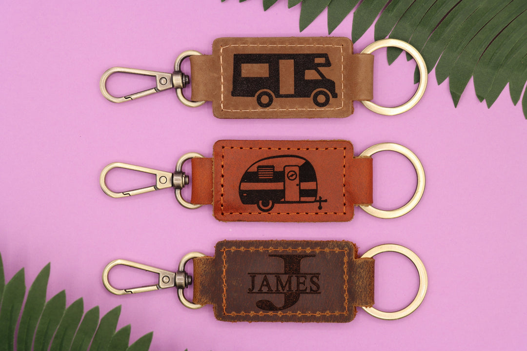 Camper Leather Keychain with Heavy Duty Ring & Clasp