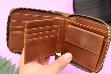 Small Flower Zipper Leather Wallet , Real Leather, Same Day Shipping, Free Shipping US-Lucasgift