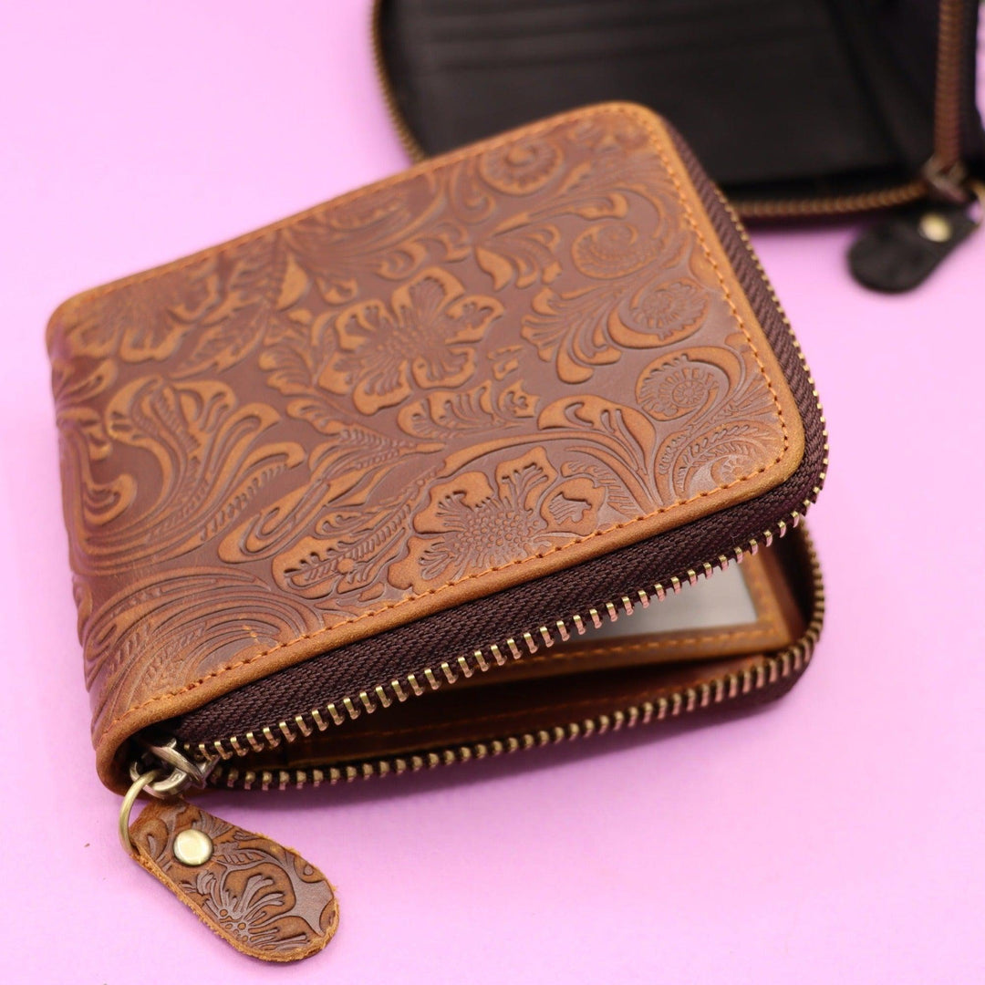 Small Flower Zipper Leather Wallet , Real Leather, Same Day Shipping, Free Shipping US-Lucasgift