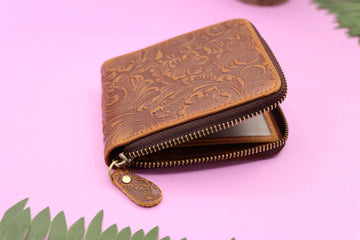 Small Flower Zipper Leather Wallet , Real Leather, Same Day Shipping, Free Shipping US-Lucasgift