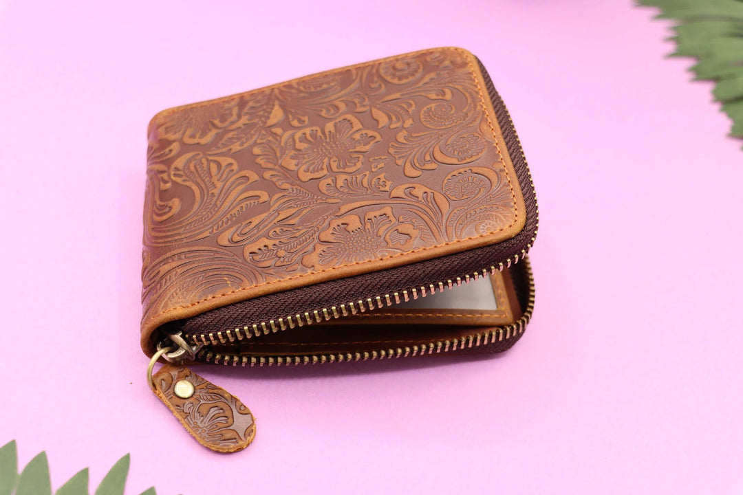 Small Flower Zipper Leather Wallet , Real Leather, Same Day Shipping, Free Shipping US-Lucasgift