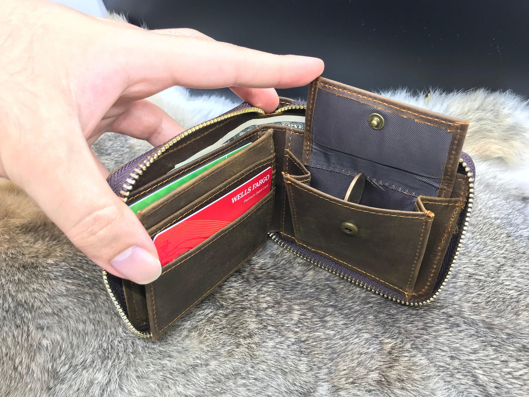 Leather Zipper Wallet for Men , Real Leather, Same Day Shipping, Free Shipping US-Lucasgift