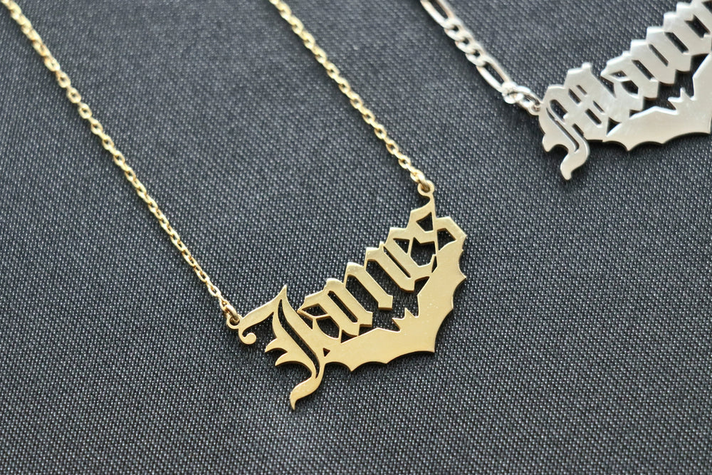Bat Name Necklace, Personalized Old English Name Necklace With Bat, Old English Letter Necklace, Old English Name Jewelry,Gift For Bat Lover-Lucasgift