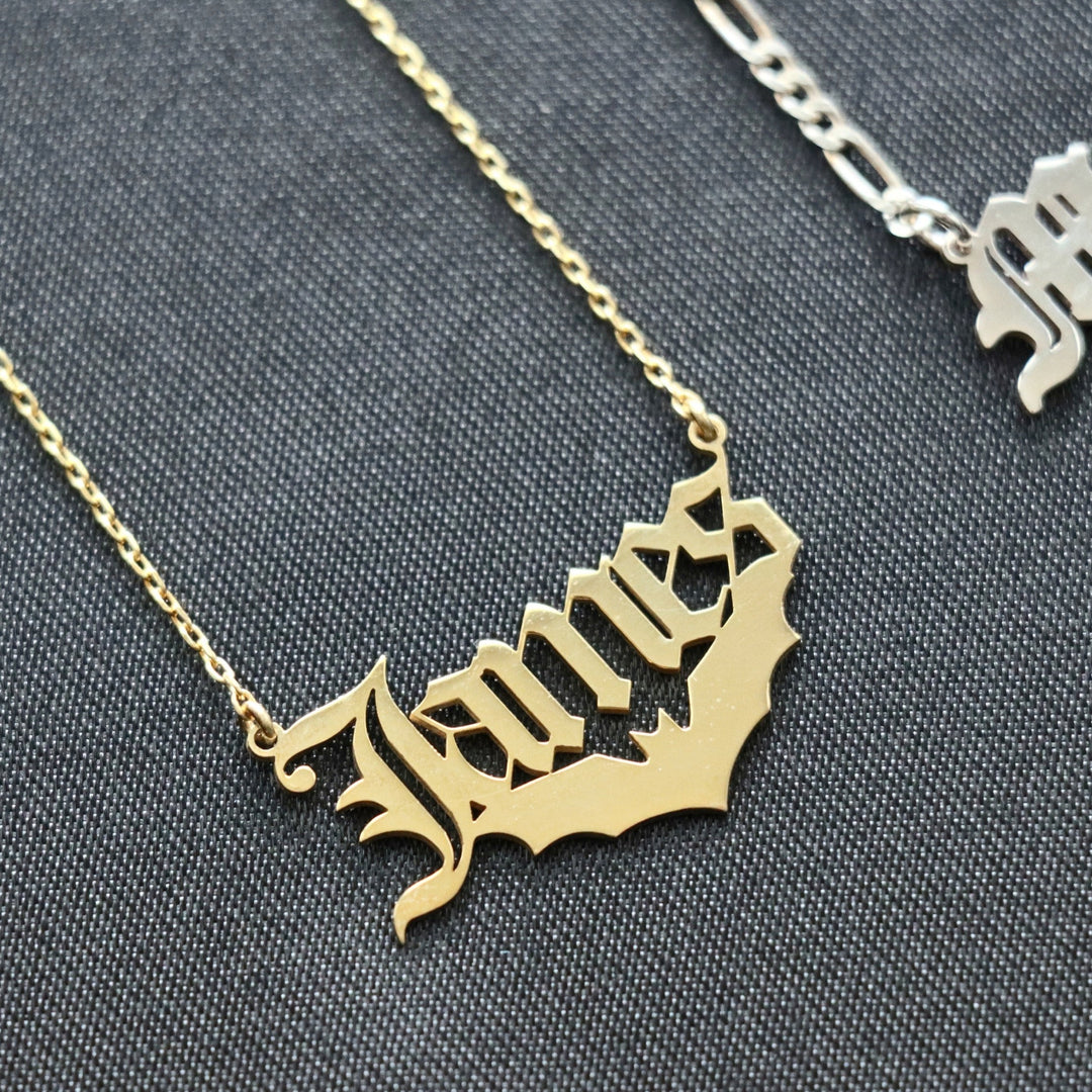 Bat Name Necklace, Personalized Old English Name Necklace With Bat, Old English Letter Necklace, Old English Name Jewelry,Gift For Bat Lover-Lucasgift