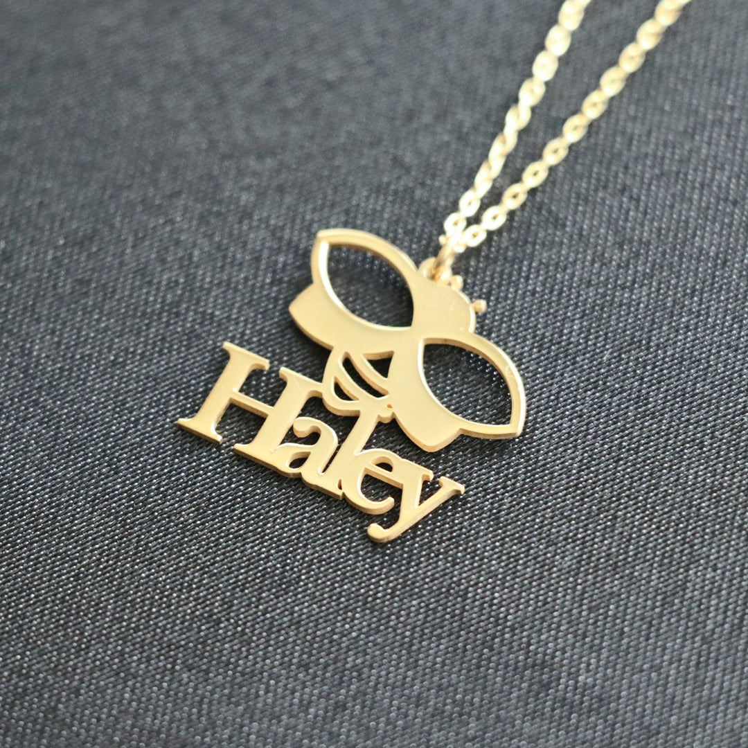 Personalized Bee Necklace, Silver Gold Bee Name Necklace, Flying Bee Pendant, Name Gift, Bee Lover Gift, Birthday Gift, Gift for Her-Lucasgift