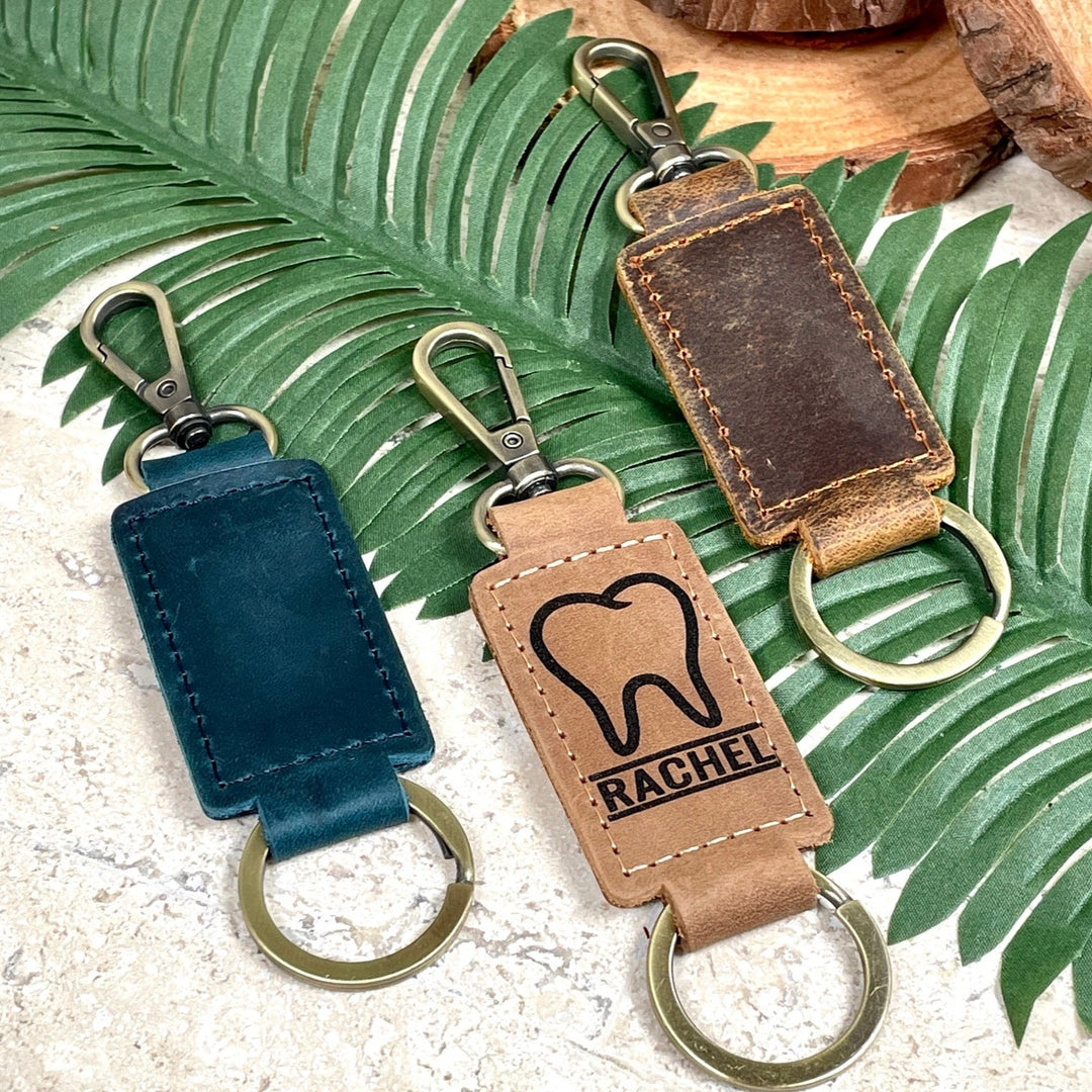 Dentist Leather Keychain with Heavy Duty Ring & Clasp - Dental Office Workers Gift