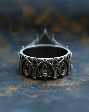 Dark Regal Ring, Handcrafted Sterling Silver Gothic Crown, Medieval Inspired Statement- on Lucasgift