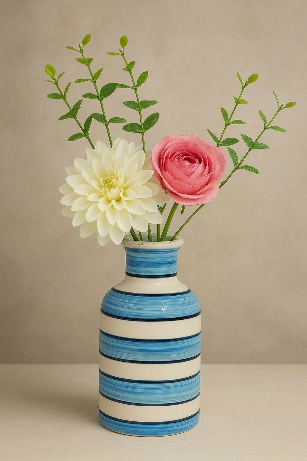 Indian Handcrafted Blue & White Striped Ceramic Vase- on Lucasgift