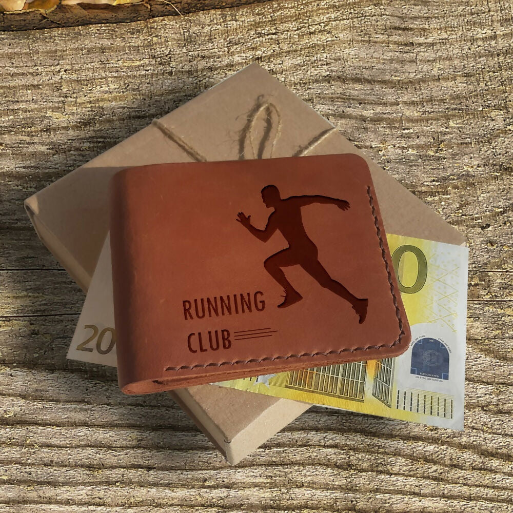 Gifts for Runners. Personalized Leather Wallet. Running Gifts. Engraved Wallet. Custom Slim Bifold Minimalist Leather Wallet for Men.- on Lucasgift