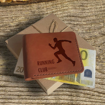 Gifts for Runners. Personalized Leather Wallet. Running Gifts. Engraved Wallet. Custom Slim Bifold Minimalist Leather Wallet for Men.- on Lucasgift