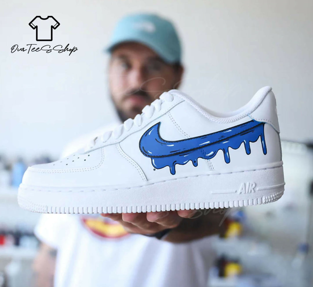 Custom Blue Drip AF1 Sneakers, Hand Painted Personalized Shoes