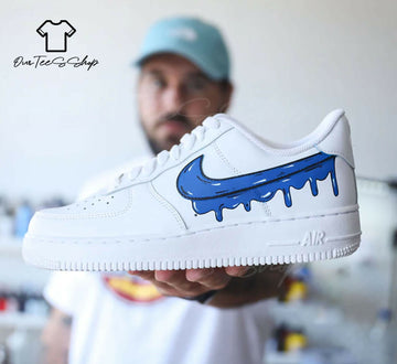 Custom Blue Drip AF1 Sneakers, Hand Painted Personalized Shoes