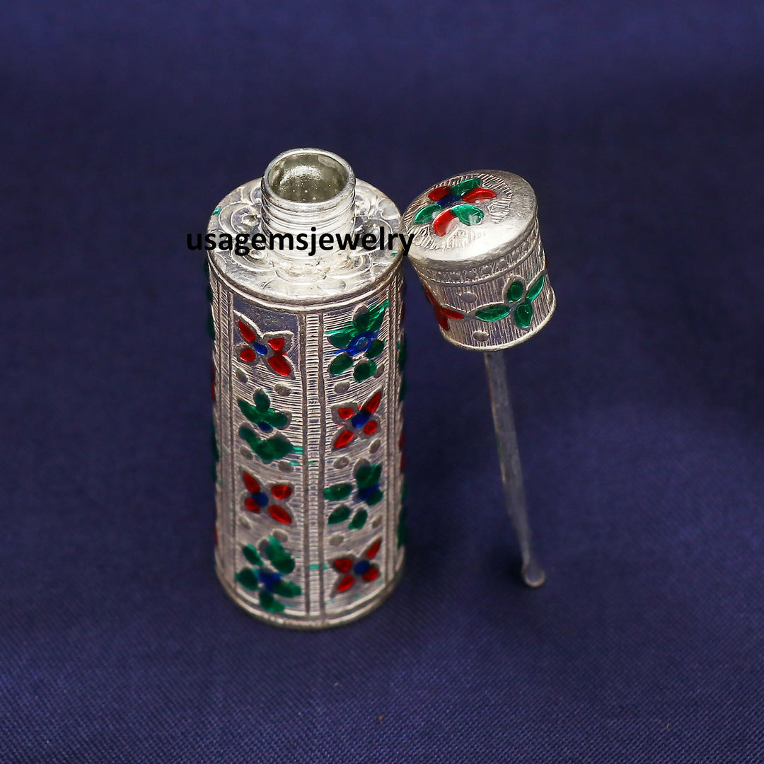 Vintage Silver Sindoor Dibbi with Meenakari Work | Hand-Engraved Kumkum Box | Traditional Bridal Pooja Container | 25.5g Bj1006- on Lucasgift