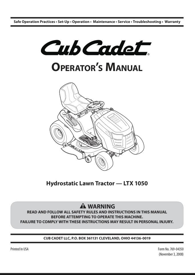 CUB CADET LTX1050 LAWNMOWER TRACTOR OPERATOR MANUAL- on Lucasgift