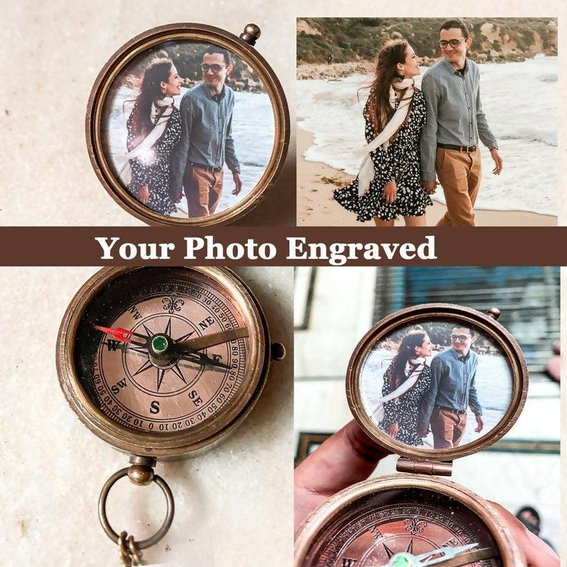 Anniversary Gift For Him, Copper Personalized Engraved Compass, Unique Gift ideas For Couples, Photo Engraved Compass, Wedding Gift for Boy- on Lucasgift