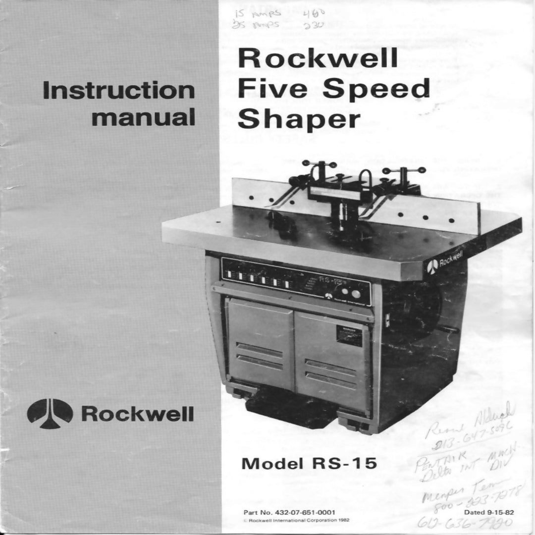 Delta RS-15 5 Speed Shaper Instructions Manual & Parts List
