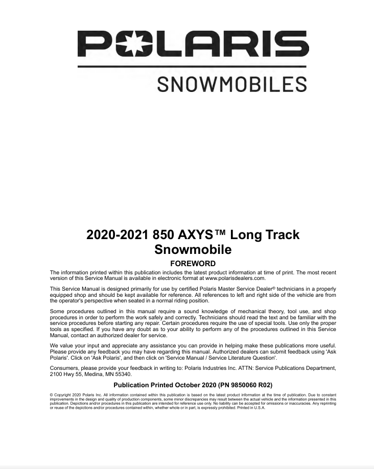 Polaris AXYS 850 Service Manual | 2020-2023 | PN 9850060 R02- on Lucasgift