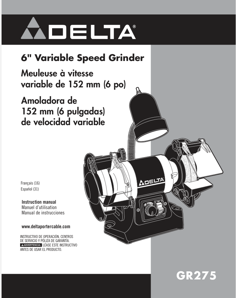 Delta GR275 Grinder Owners Instruction Manual- on Lucasgift