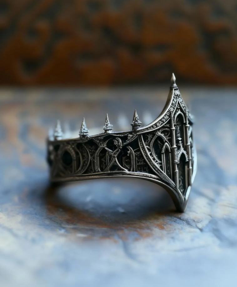 Gothic Kingdom Ring, Handmade S925 Sterling Silver Crown Band, Artisan Architecture Miniature Statement Piece, Fantasy Medieval Jewelry- on Lucasgift