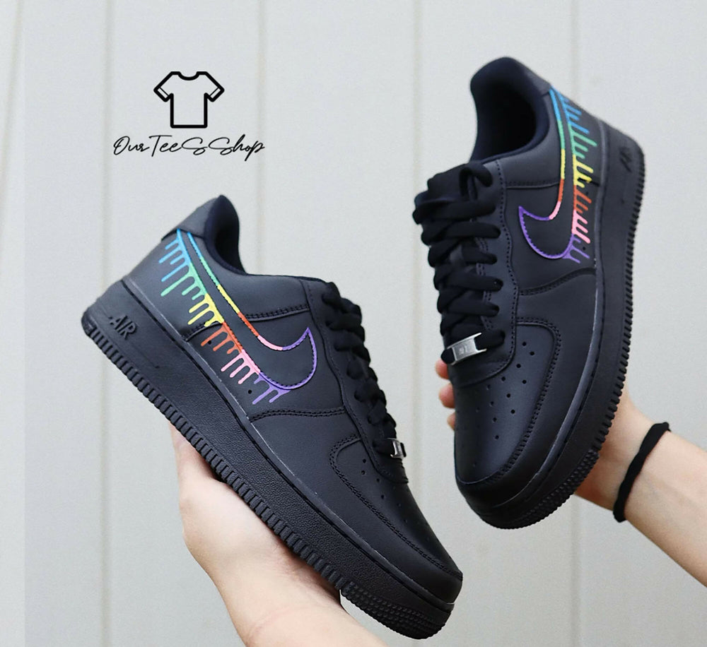 Custom Rainbow Drip Black AF1 Sneakers, Hand Painted Personalized Shoes- on Lucasgift