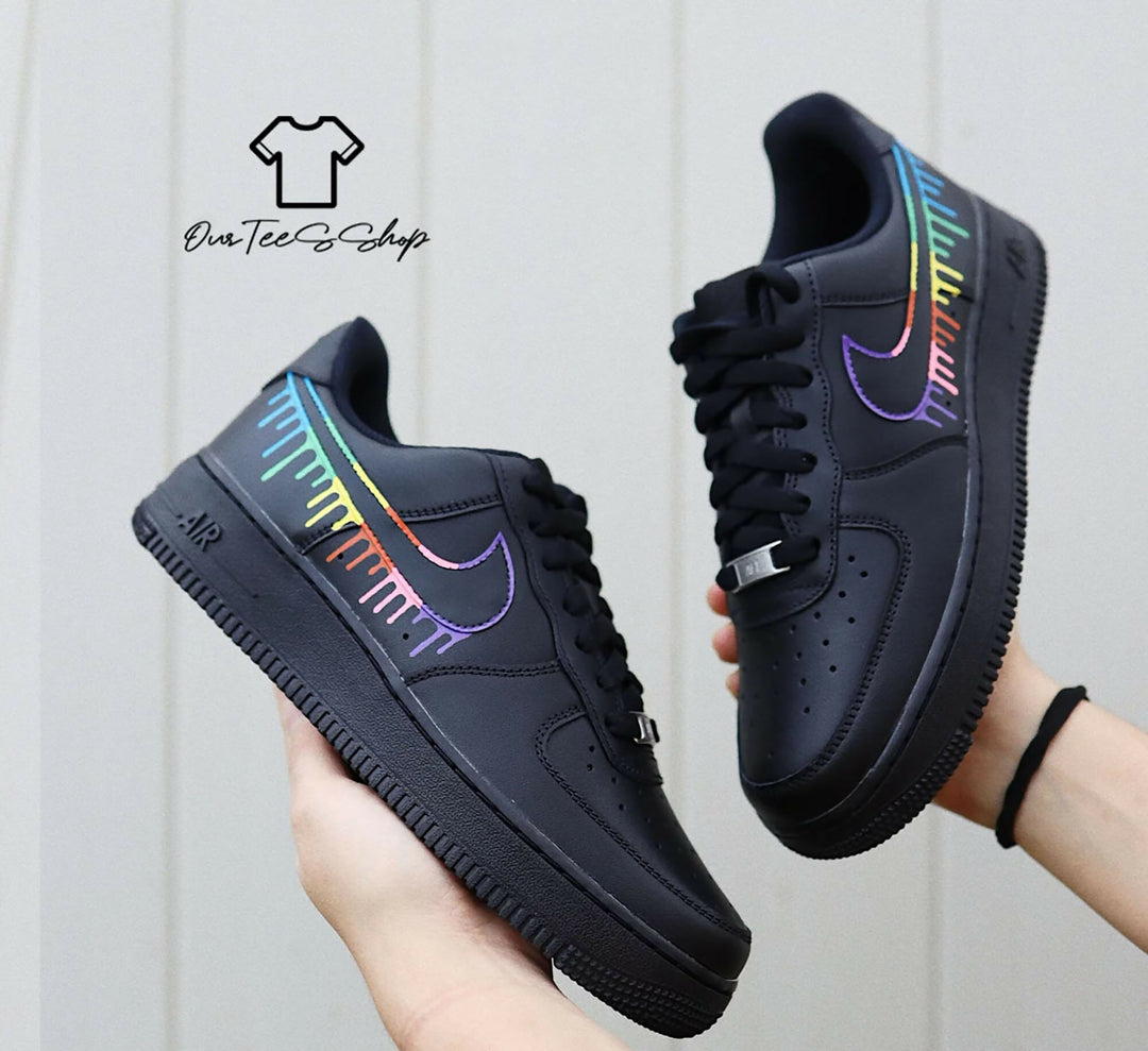 Custom Rainbow Drip Black AF1 Sneakers, Hand Painted Personalized Shoes