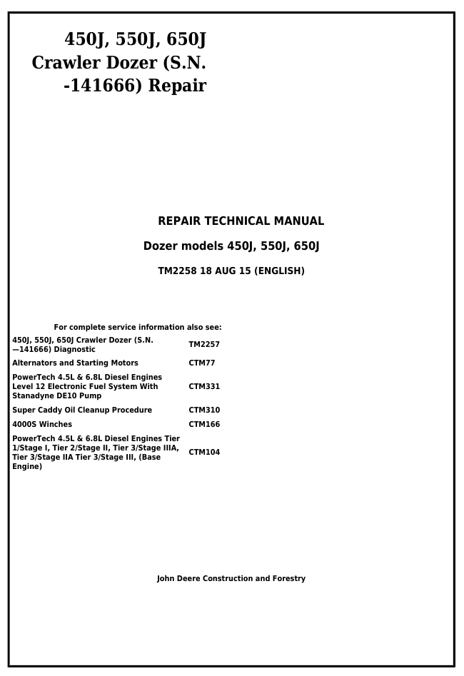 JOHN DEERE 450J 550J 650J CRAWLER DOZER SERVICE REPAIR TEST ENGINE MANUAL- on Lucasgift