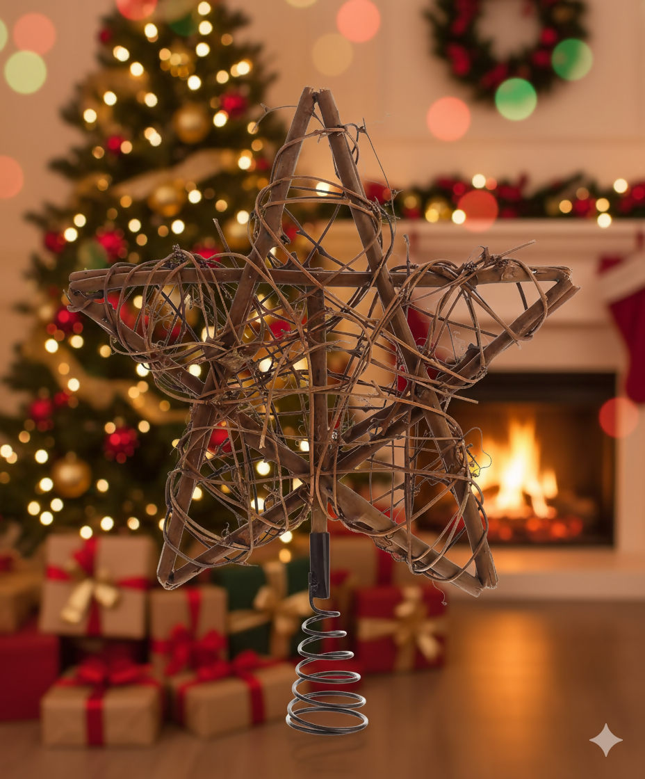 Rustic Brown Rattan Christmas Tree Topper Star- on Lucasgift