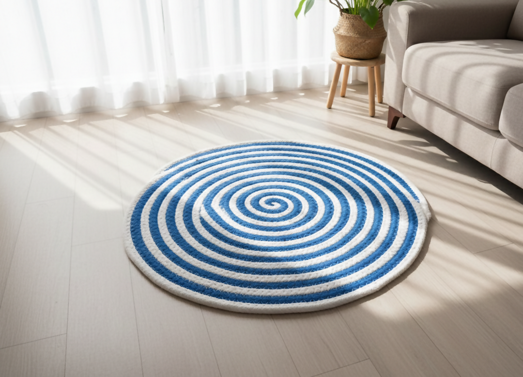 Sonia Artisan Collections | Handmade Blue Round Cotton Rug | Boho Floor Mat | Eco-Friendly Bulk Export- on Lucasgift