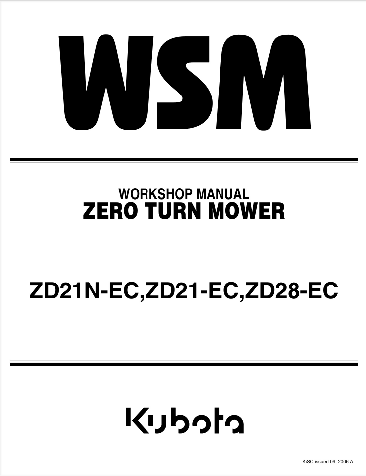 Kubota ZD21N-EC,ZD21-EC,ZD28-EC ZERO TURN MOWER WorkShop Manual- on Lucasgift