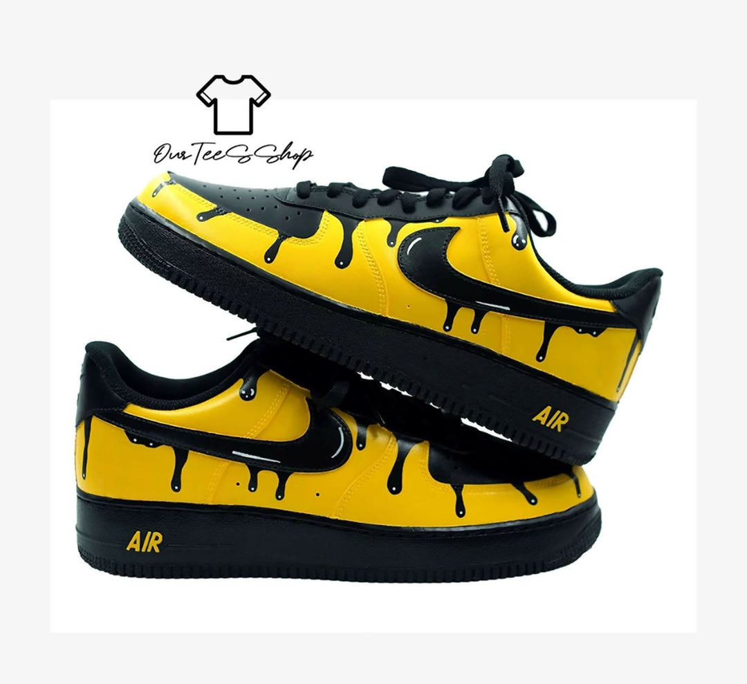 Custom Yellow Drip Black AF1 Sneakers, Hand Painted Personalized Shoes