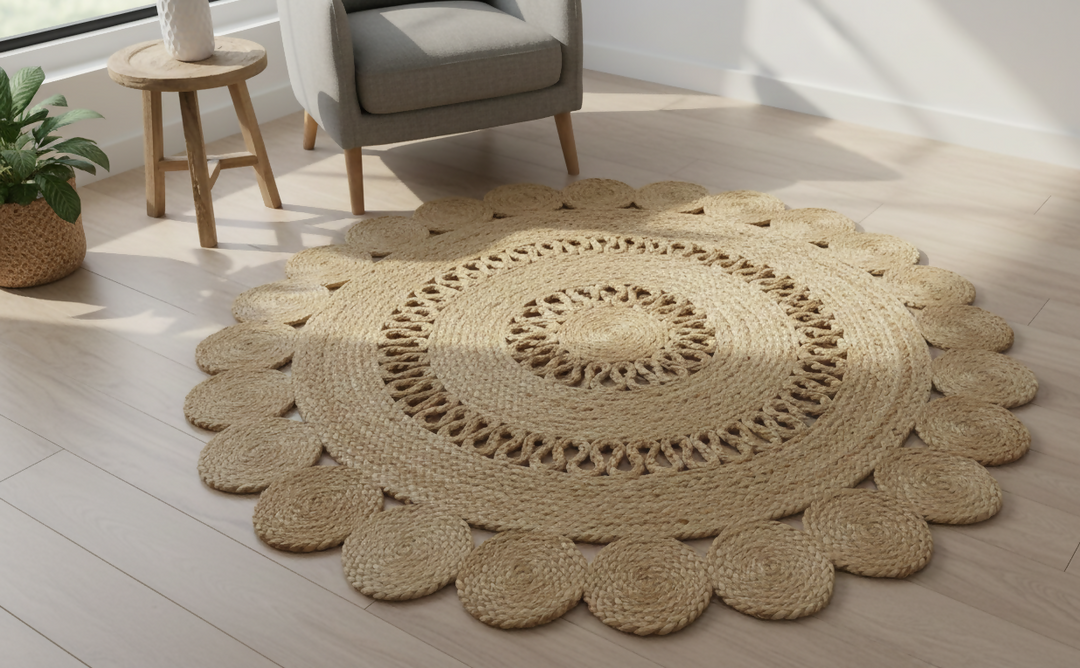 Sonia Artisan Collections | Natural Jute Scalloped Round Rug | Handmade Rustic Boho Decor- on Lucasgift