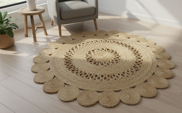Sonia Artisan Collections | Natural Jute Scalloped Round Rug | Handmade Rustic Boho Decor- on Lucasgift