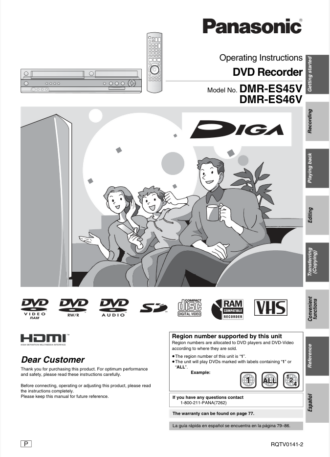 Panasonic DMR-ES45V DMR-ES46V DVD Recorder Owners Instruction Manual- on Lucasgift
