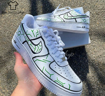 Custom Geometric Green Black AF1 Sneakers, Hand Painted Personalized Shoes
