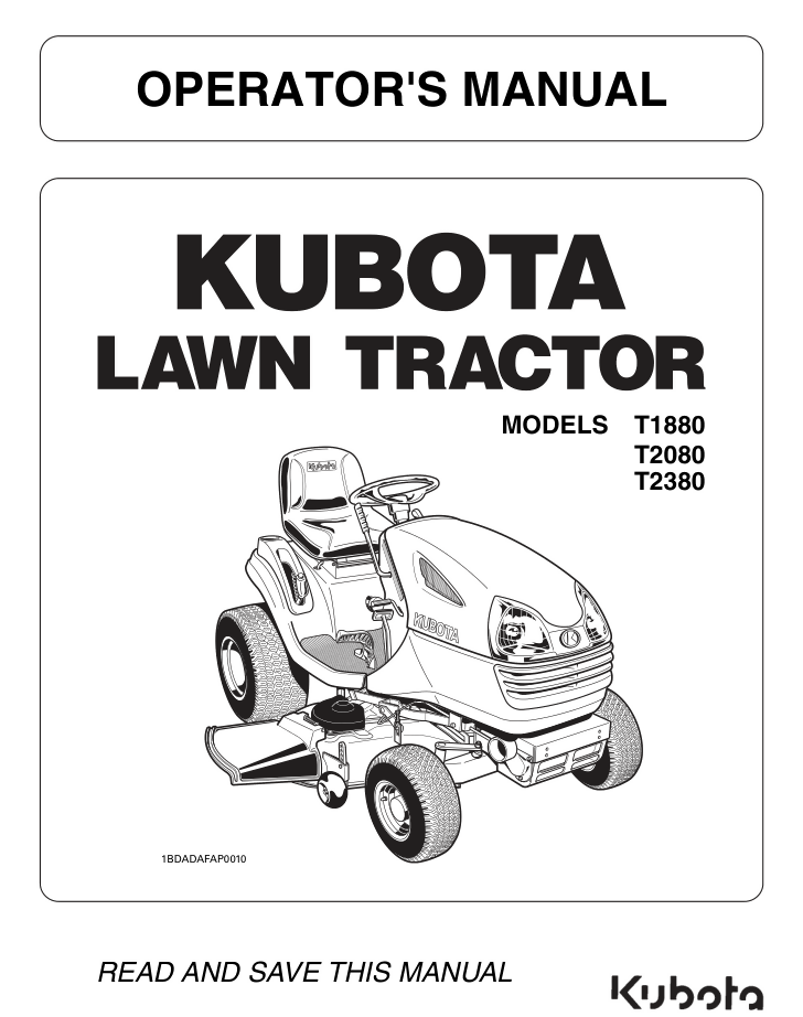 KUBOTA T Model T1880 T2080 T2380 lawn tractor mower operator's Repair manual- on Lucasgift