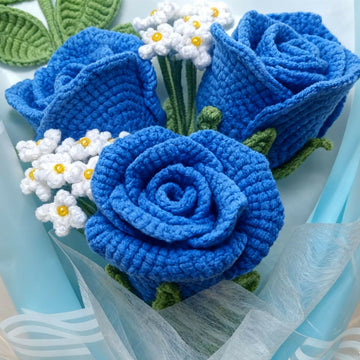 Handmade Crochet Blue Rose Bouquet - Artificial Flower Arrangement for Home Decor & Gift- on Lucasgift