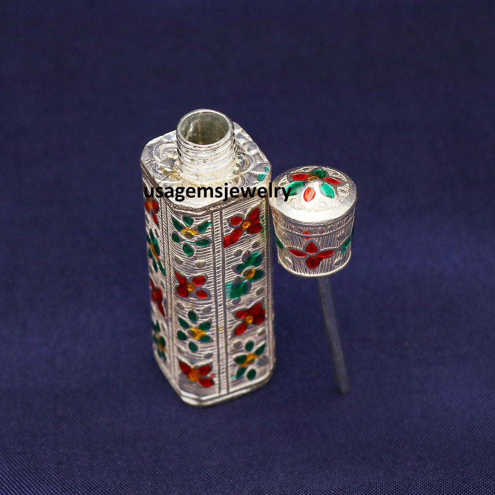 Vintage Silver Sindoor Box | Hand-Engraved Floral Meenakari Dibbi | Rectangular Kumkum Case | 25.7g BJ1007- on Lucasgift