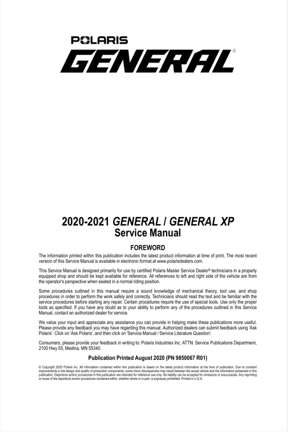Polaris GENERAL Service Manual 2020-2021 GENERAL XP