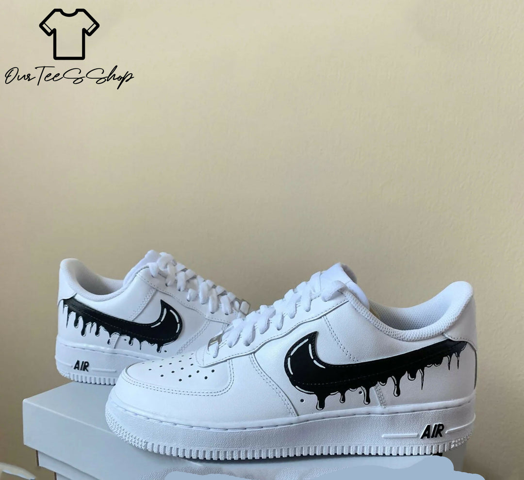 Custom Black Drip AF1 Sneakers, Hand Painted Personalized Shoes