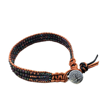X-Large Men's Leather Intricate Bead Work Tree Of Life Button Bracelet- on Lucasgift