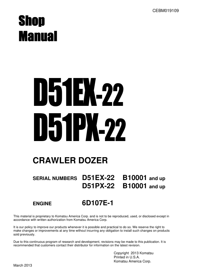 Komatsu D51EX-22, D51PX-22 Dozer Bulldozer Repair Shop Service Manual- on Lucasgift