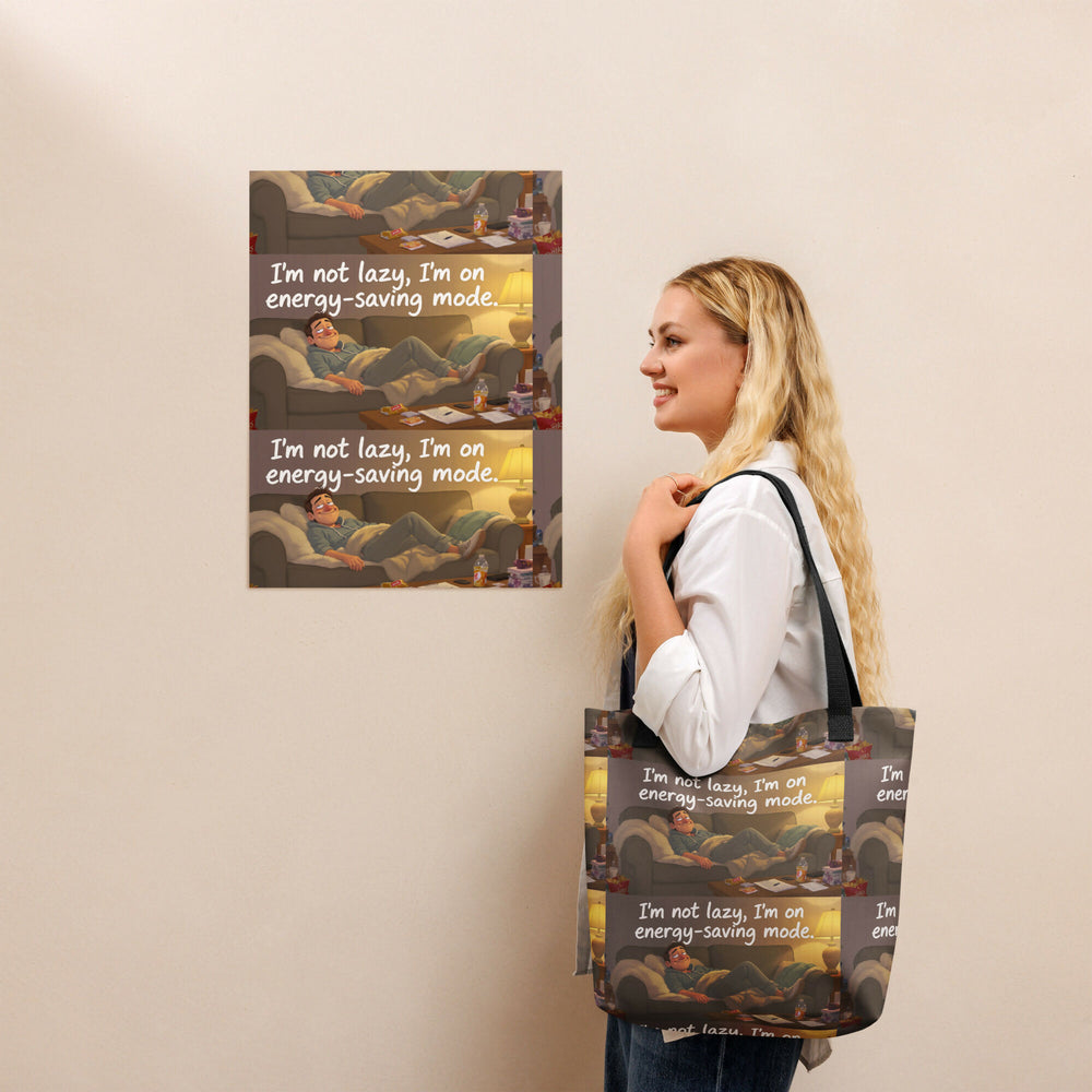 Energy-Saving Mode Living – Cozy Humor Tote- on Lucasgift