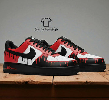 Custom Red White Drip Black AF1 Sneakers, Hand Painted Personalized Shoes